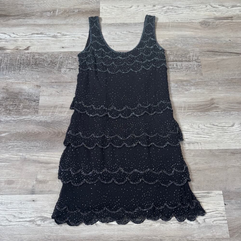 Vintage 90s Scala Black Beaded Mini Dress Cocktail Homecoming Gatsby Party S
